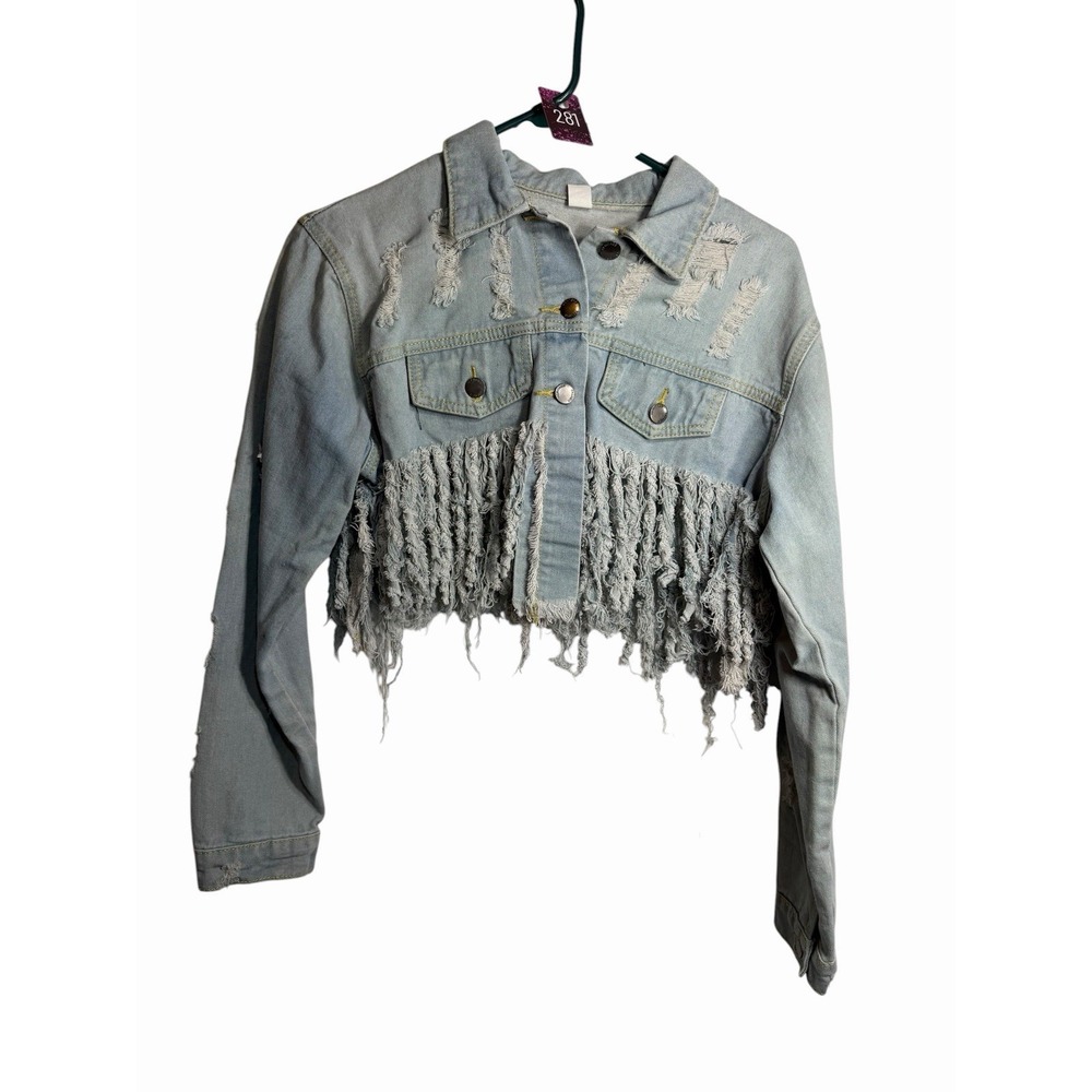 womens light blue long sleeve cropped jean jacket distressed size XL extra large